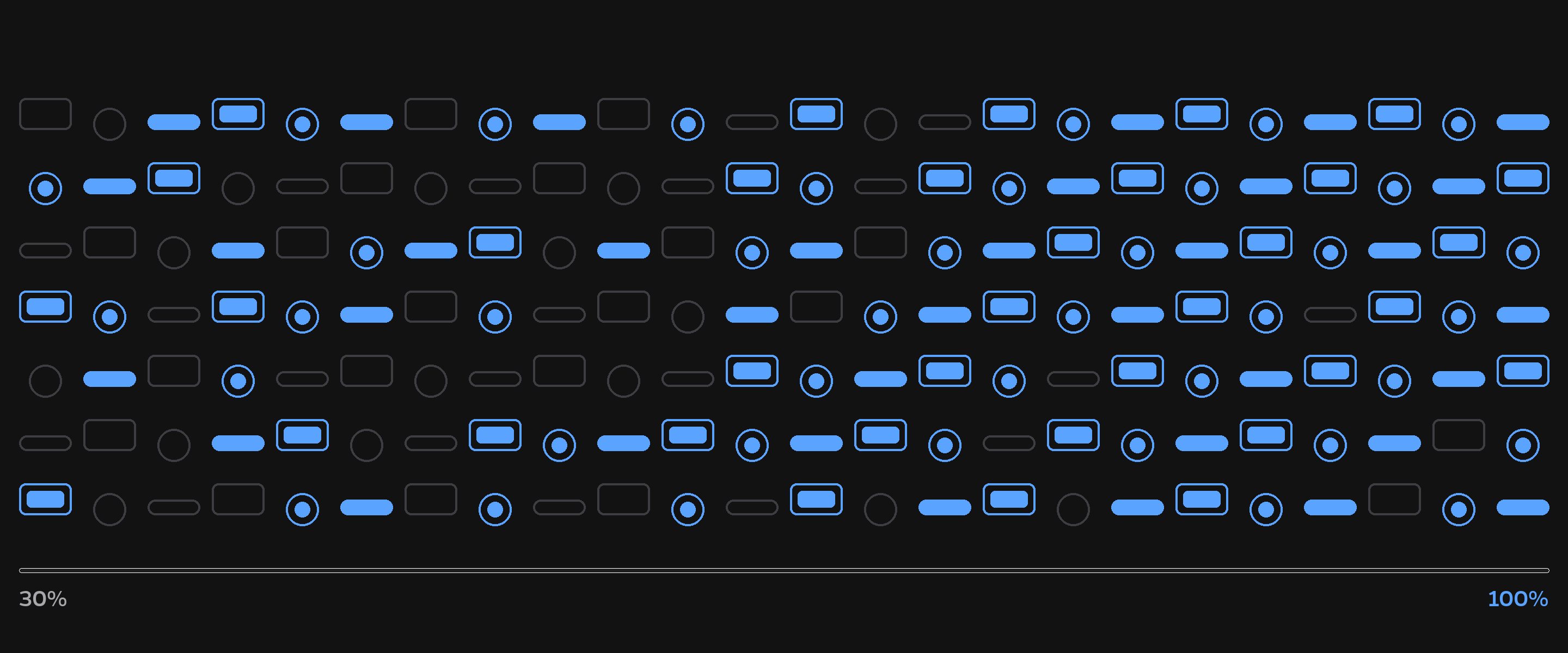 A sheet of abstract components filling in from sparse outlines on the left to fully adopted on the right, 30% to 100%