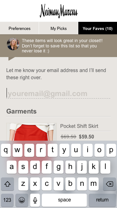 Email capture on the Faves board, asked only once outfits worth keeping are on the table