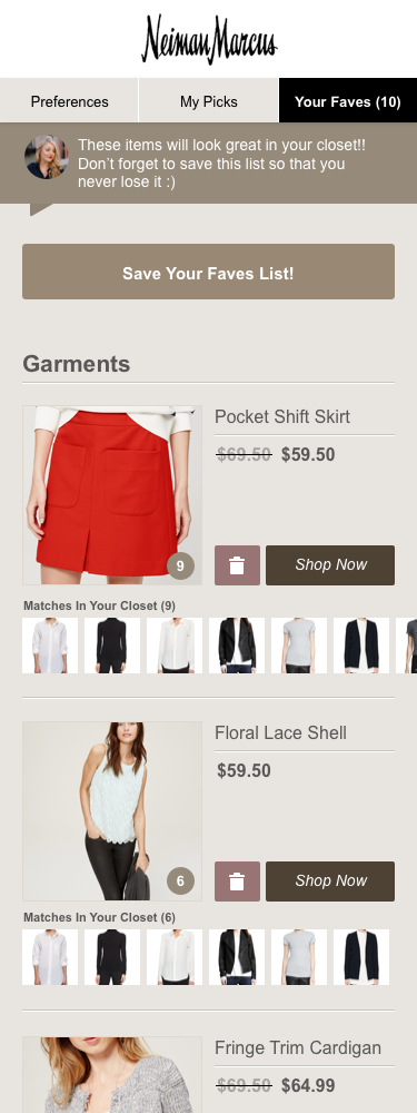 Faves board: saved garments with prices, Shop Now actions, and Matches In Your Closet rows under each piece