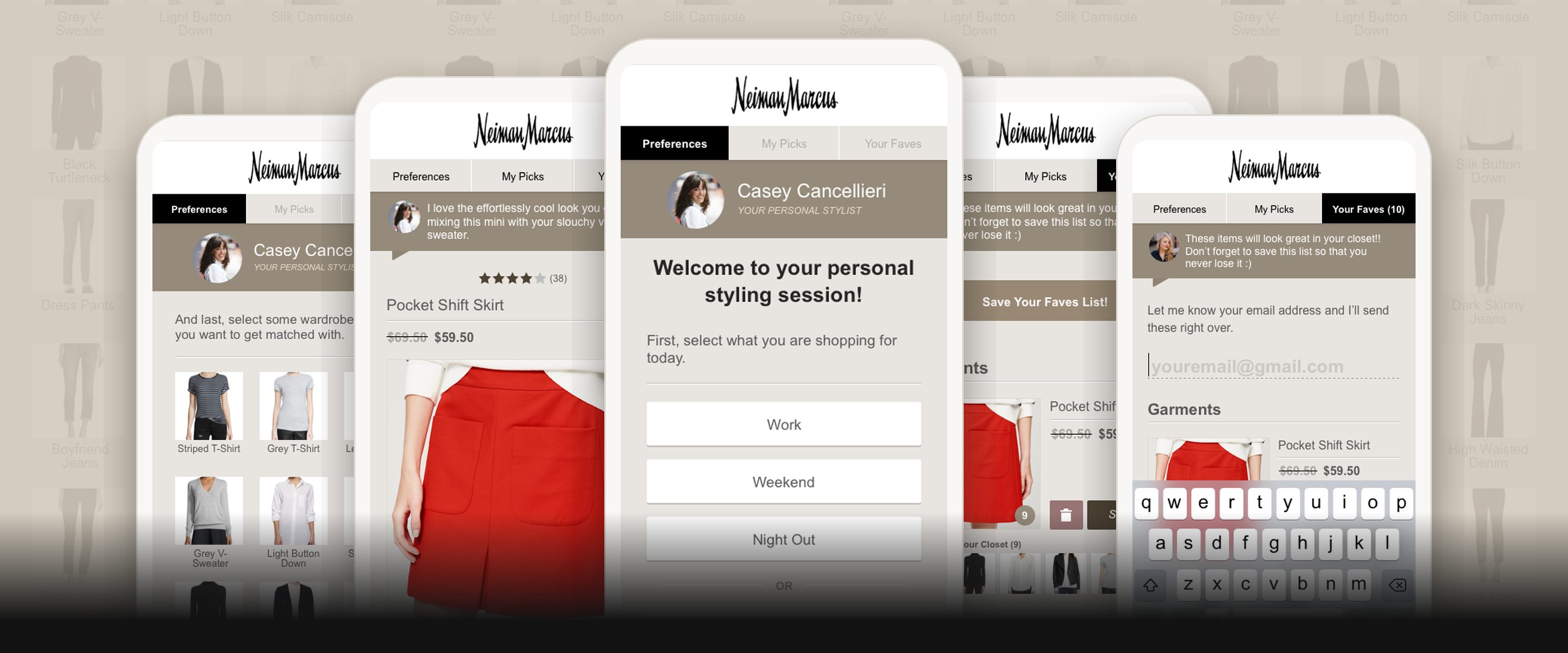 Five EveryWear screens in device frames over a wall of wardrobe-basics artwork: closet profiling, the outfit built around a red pocket shift skirt, the styling-session intake, the Faves board, and email capture