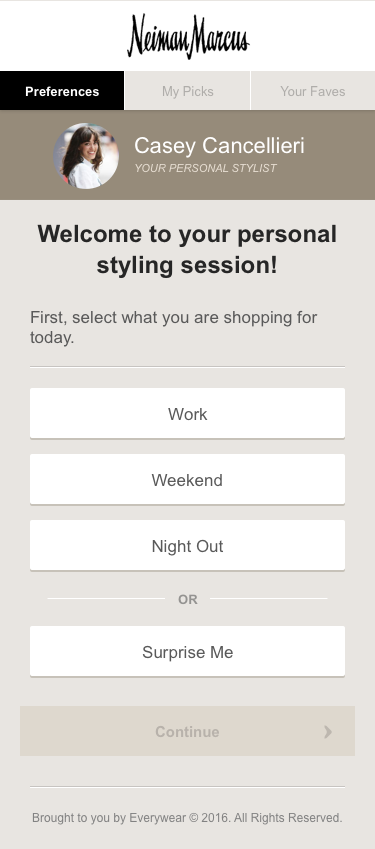 EveryWear intake in the Neiman Marcus theme: Casey Cancellieri, your personal stylist, asks what you are shopping for today with Work, Weekend, Night Out and Surprise Me options