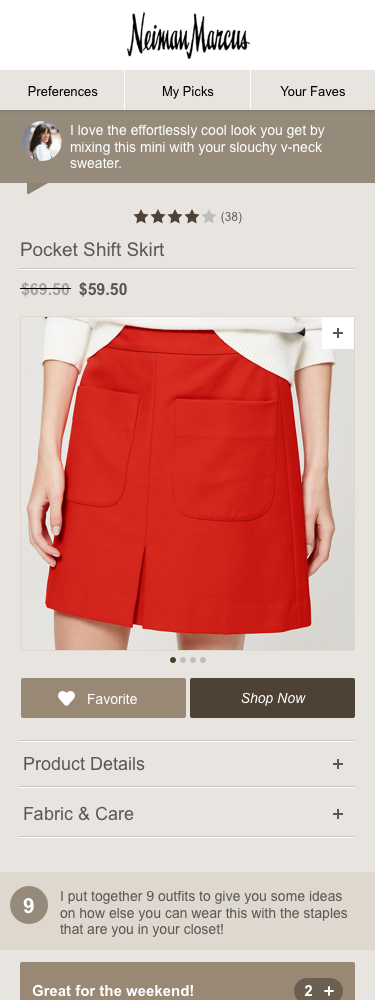 Product detail for a red pocket shift skirt with Casey’s note, Favorite and Shop Now actions, and nine outfits composed around it